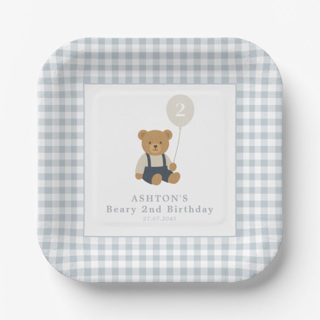 Light Blue Gingham Teddy Bear Birthday Party Pappteller (Vorderseite)