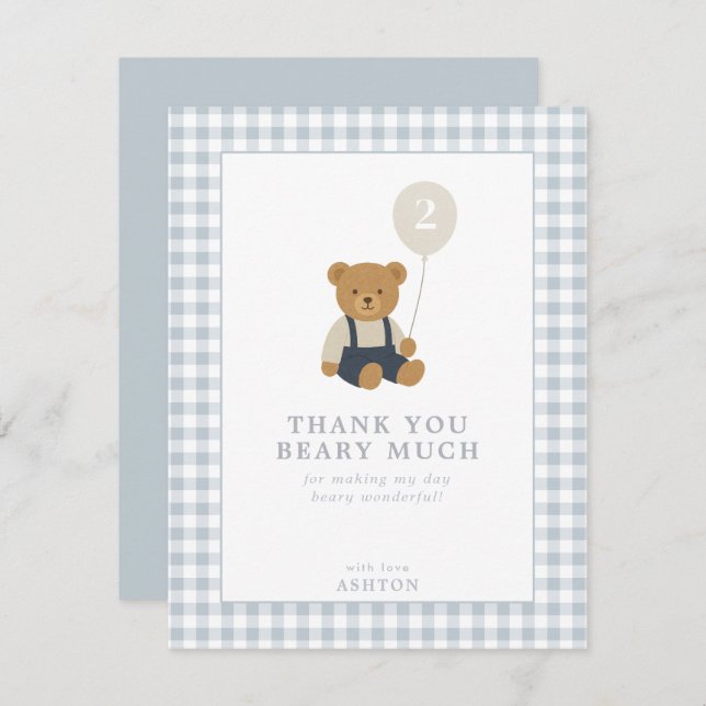 Light Blue Gingham Teddy Bear Dankeschön Karte (Vorne/Hinten)