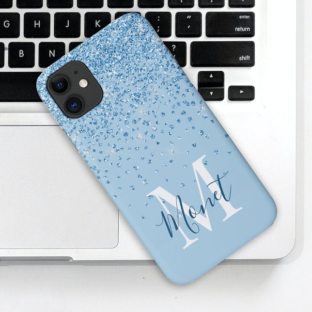 Light Blue Girl Glitzer Glam Monogram Script Name Case-Mate iPhone Hülle (Von Creator hochgeladen)