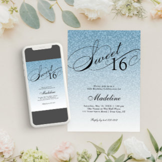 Light Blue Glam Glitzer Sweet 16 Einladung