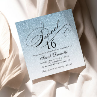Light Blue Glam Glitzer Sweet 16 Square Einladung