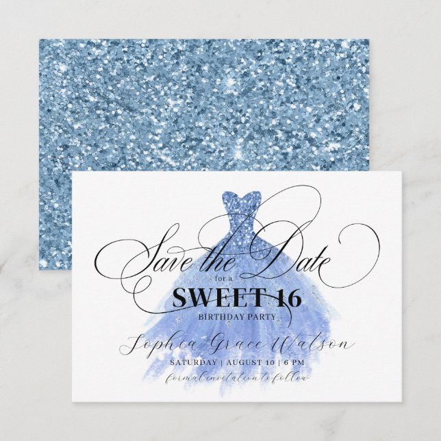 Light Blue Glitzer Chic Dress Sweet 16 Birthday Save The Date (Vorne/Hinten)