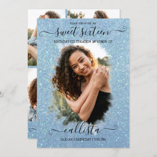 Light Blue Glitzer Halo Foto Collage Sweet 16 Einladung