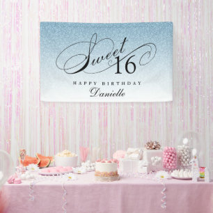 Light Blue Glitzer Sweet 16 Personalisiert Geburts Banner