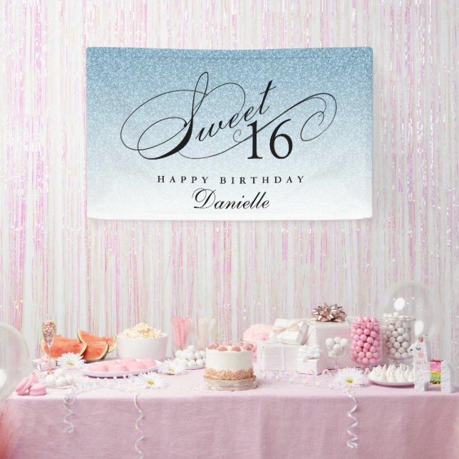 Light Blue Glitzer Sweet 16 Personalisiert Geburts Banner (Party)