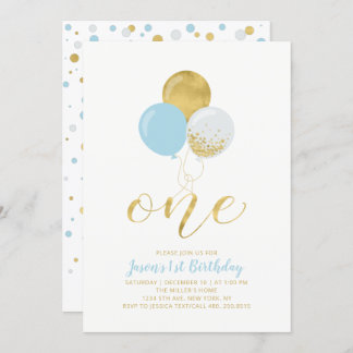 Light Blue & Gold Balloons | 1. Junge Geburtstag Einladung