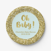 Light Blue Gold Glitzer Oh Baby Shower Plate