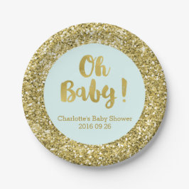 Light Blue Gold Glitzer Oh Baby Shower Plate Pappteller