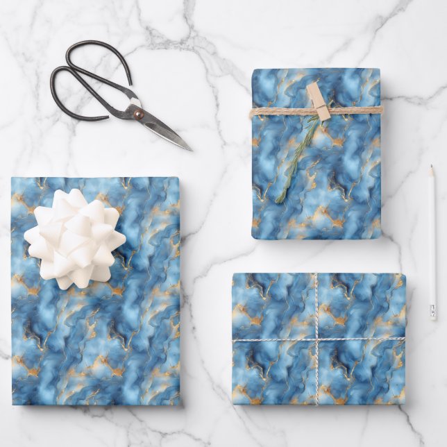 Light Blue & Gold Marmor Geschenkpapier Set (Vorderseite)