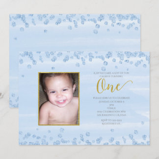 Light Blue Gold ONE 1. Geburtstag Foto Einladung