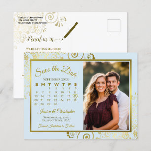 Light Blue & Gold Wedding Rett Date Calendar Foto Ankündigungspostkarte