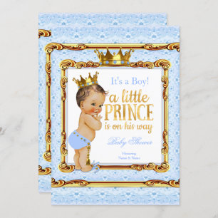 Light Blue Gold White Prince Baby Dusche Brünett Einladung