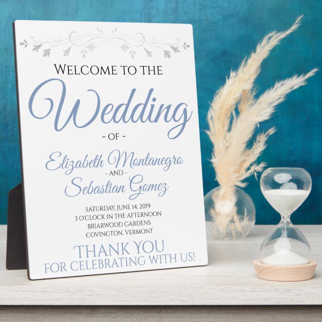 Light Blue & Grey Elegante Wedding Welcome Sign Fotoplatte (Seite)