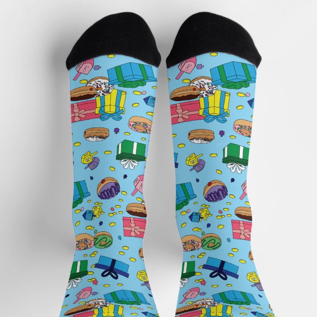 Light Blue Hanukkah Pattern Socken (Oben)