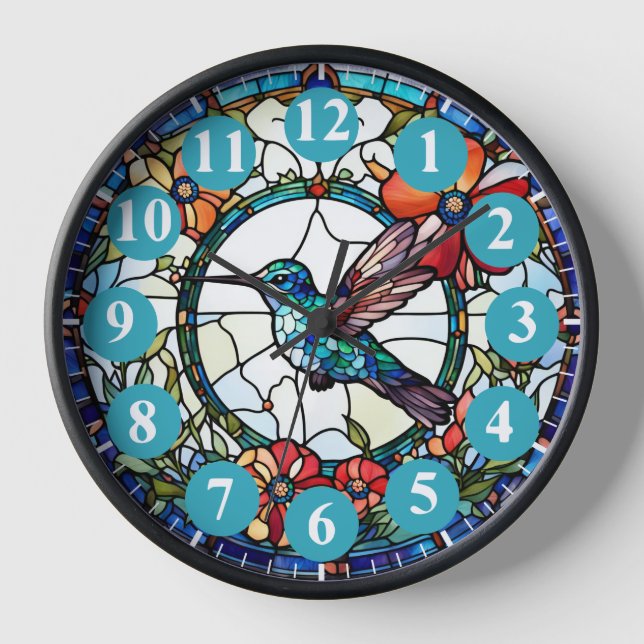 Light Blue Hummingbird Stached Glass Bird Uhr (Vorderseite)