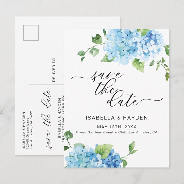 Light Blue Hydrangea Dusty Floral Save the Date Ankündigungspostkarte (Vorne/Hinten)