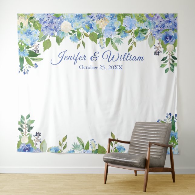 Light Blue Hydrangeas Wedding Foto Booth Hintergru Wandteppich (Beispiel (Horizontal))