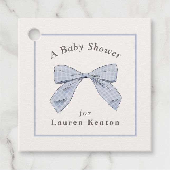 Light Blue Kariert Bow Elegante Boy Baby Shower Geschenkanhänger (Vorderseite)