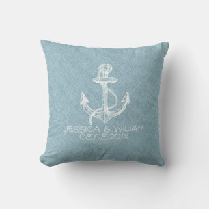 Light Blue Linen & White Boat Anchor Kissen