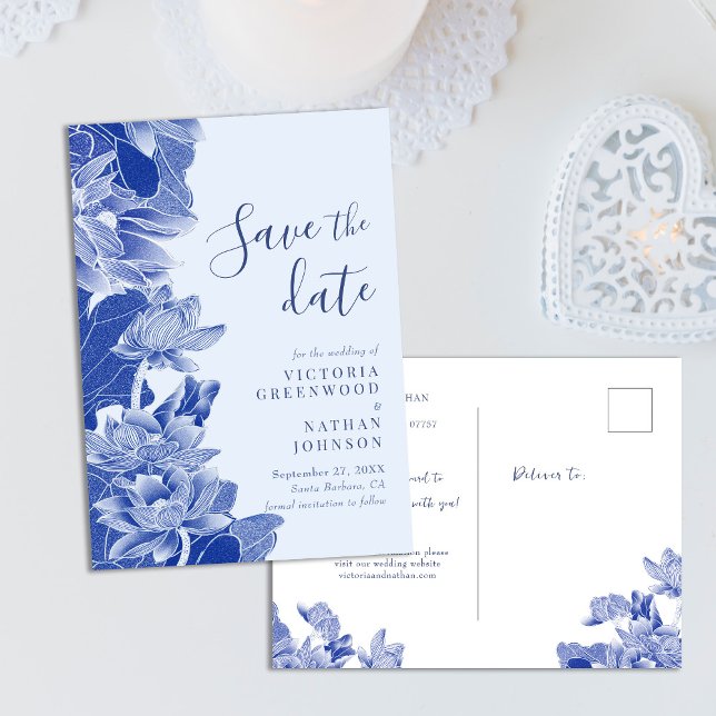 Light Blue Lotus Floral Chinoiserie Save the Date Postkarte (Von Creator hochgeladen)