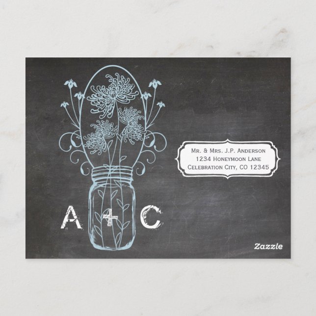 Light Blue Mason Jar Chalkboard Wedding Postkarte (Rückseite)