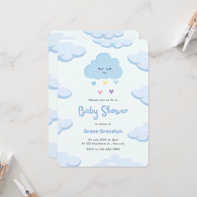 Light Blue Minimalistisch Baby Dusche Einladung (Vorderseite/Rückseite Beispiel)