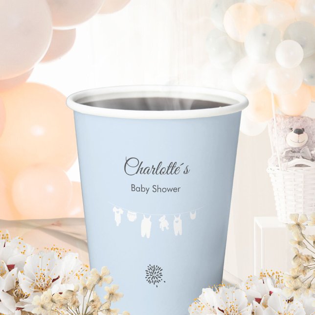 Light Blue Minimalistisch Baby Dusche Pappbecher (Minimalist Light Blue Clothesline Baby Boy Shower Paper Cups ©Susanne Sachers - Sunny Mind 🌞)