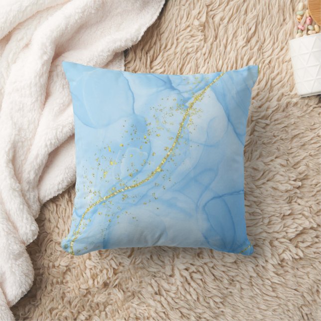Light Blue mit Gold Strands Liquid Art Kissen (Decke)