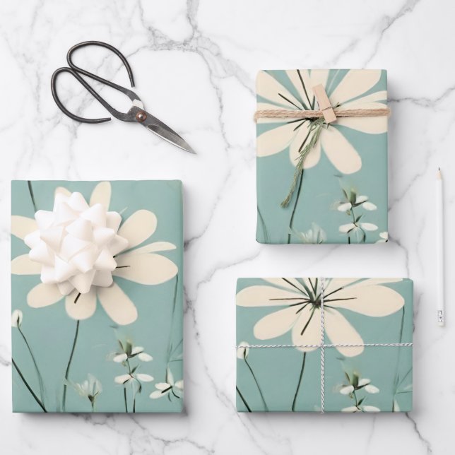 Light Blue Modern Groovy Daisy Blume Geschenkpapier Set (Vorderseite)