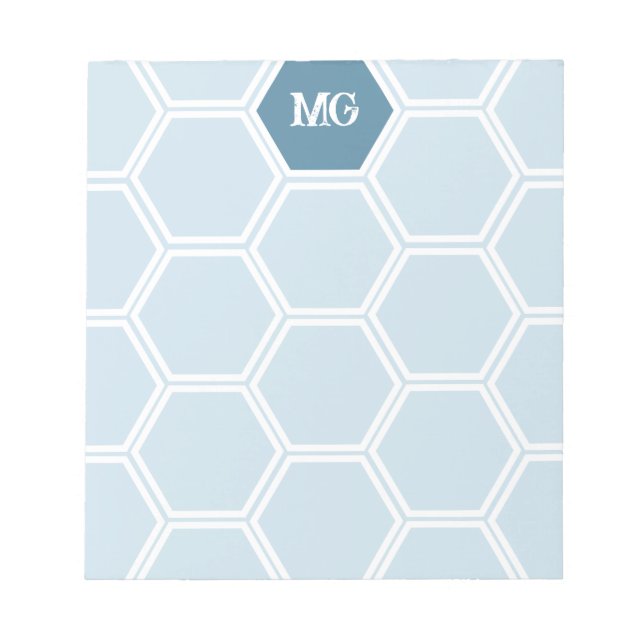 Light Blue Monogram Hexagon Honey Comb Muster Notizblock (Vorderseite)