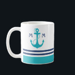 Light Blue Nautic Monogram Kaffeetasse<br><div class="desc">Navy blaue und himmelblaue nautische Streifen mit Anker und Monogramm.</div>