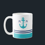Light Blue Nautic Monogram Kaffeetasse<br><div class="desc">Navy blaue und himmelblaue nautische Streifen mit Anker und Monogramm.</div>