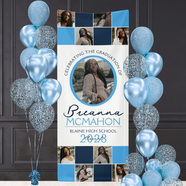 Light Blue & Navy 9 Foto Collage Abschluss Vinyl Banner (Navy Blue and Baby Blue 9 Photo Vinyl Graduation Hanging Banner. Indoor or Outdoor Use!)