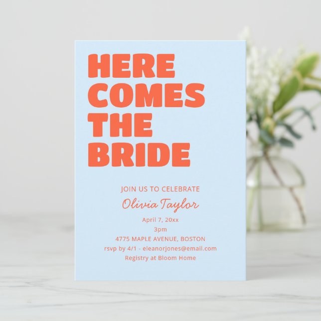 Light Blue Orange Bold Typography Bridal Shower Einladung (Stehend Vorderseite)