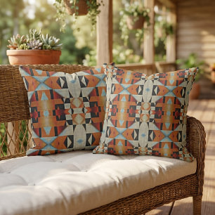 Light Blue Orange Taupe Grau Schwarzes Tribal Kuns Kissen
