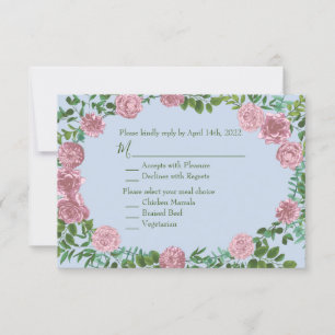 Light Blue & Pale Pink Peony Rose Wedding RSVP Einladung