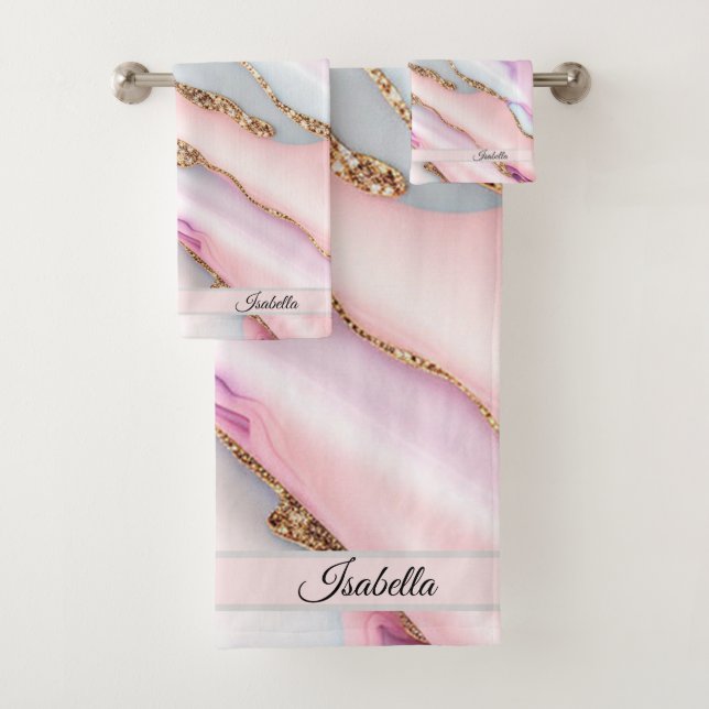 Light Blue Pink Agate Marble Moderne Kollektion Badhandtuch Set (Insitu)