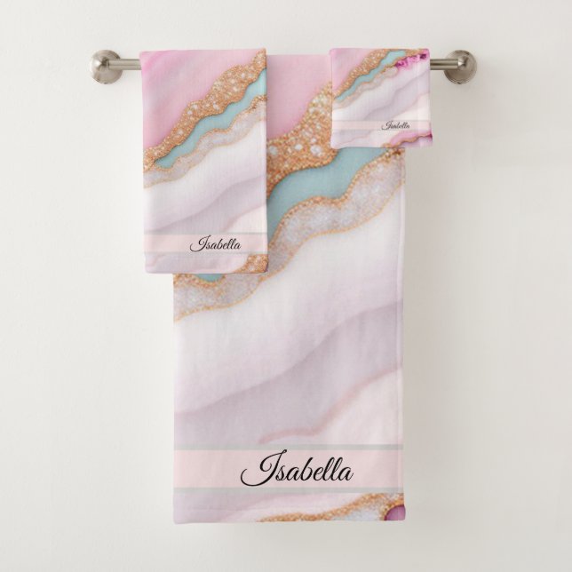 Light Blue Pink Agate Marble Trendy Collection Badhandtuch Set (Insitu)