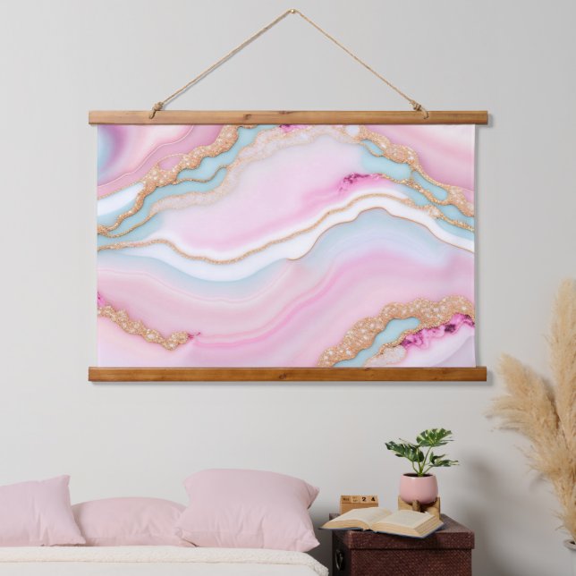 Light Blue Pink Agate Marble Trendy Collection Wandteppich Mit Holzrahmen (Schlafzimmer)