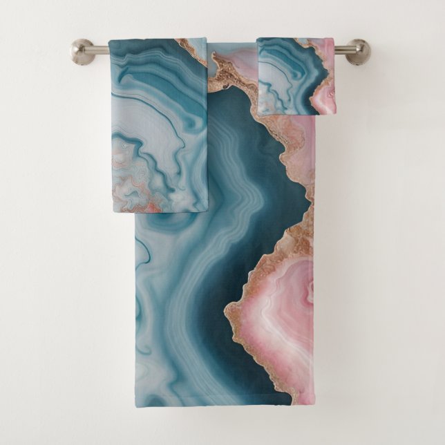 Light Blue Pink Gold Agate Marble Modernes Design Badhandtuch Set (Insitu)