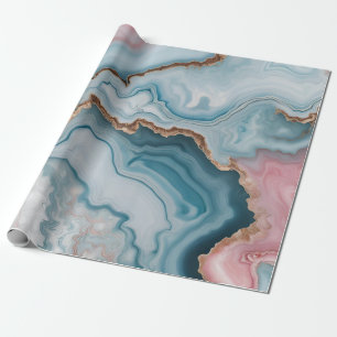 Light Blue Pink Gold Agate Marble Modernes Design Geschenkpapier