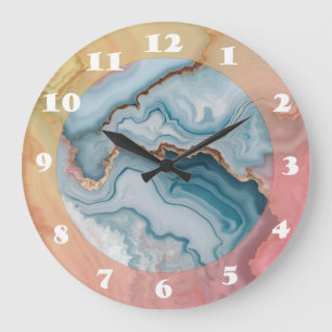 Light Blue Pink Gold Agate Marble Modernes Design Große Wanduhr