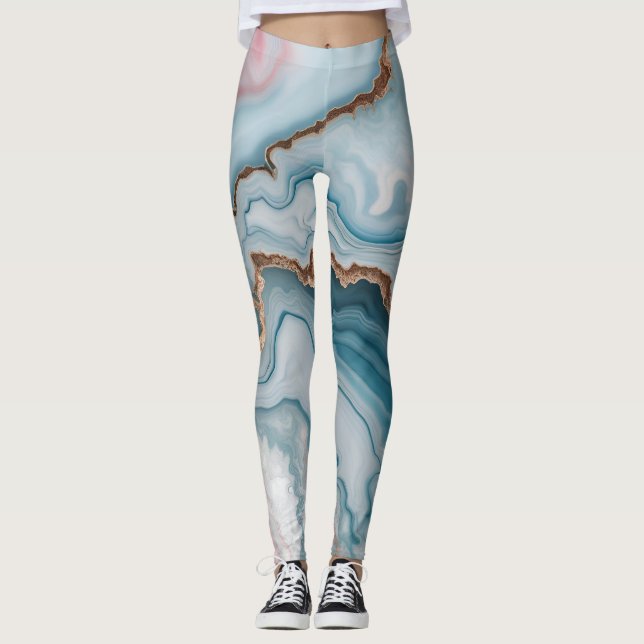 Light Blue Pink Gold Agate Marble Modernes Design Leggings (Vorderseite)