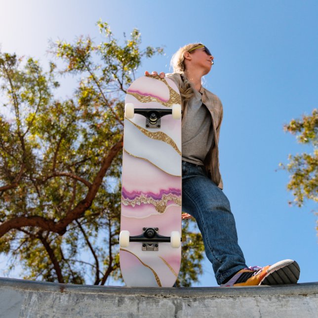 Light Blue Pink Marble Agate Trendy Collection Skateboard (Außenbereich 1)
