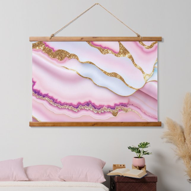 Light Blue Pink Marble Agate Trendy Collection Wandteppich Mit Holzrahmen (Schlafzimmer)