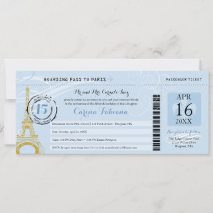 Light Blue Quinceanera Boarding Pass auf Paris Einladung