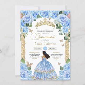 Light Blue Rose & Gold Butterfly Quinceñera Einladung