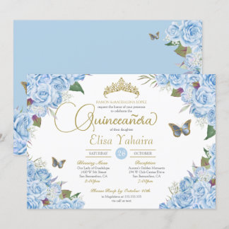Light Blue Rosen floral Tiara Butterfly Quinceaner Einladung