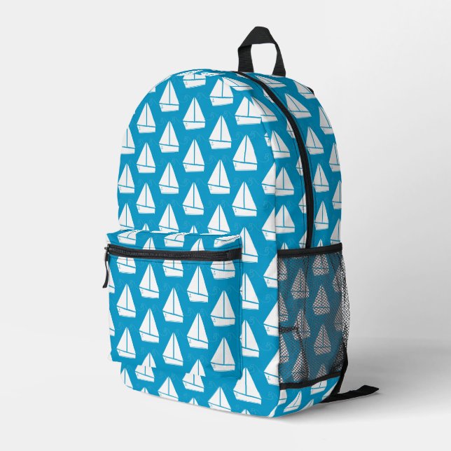 Light Blue Sailboat Pattern Bedruckter Rucksack (Rückseitige Ecke Rechts)