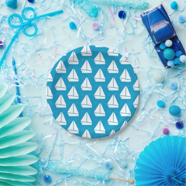 Light Blue Sailboat Pattern Pappteller (Party)